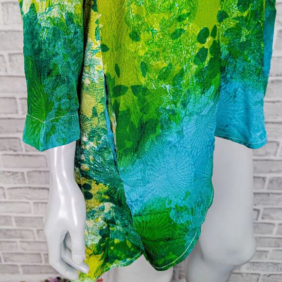 CITRON of Santa Monica 100% Silk long Kimono open blouse Green floral sz Large - Picture 8 of 9